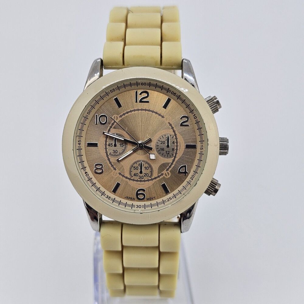 38MM Women's Watch Gold Dial Cream Plastic Band‎ Straps New Battery